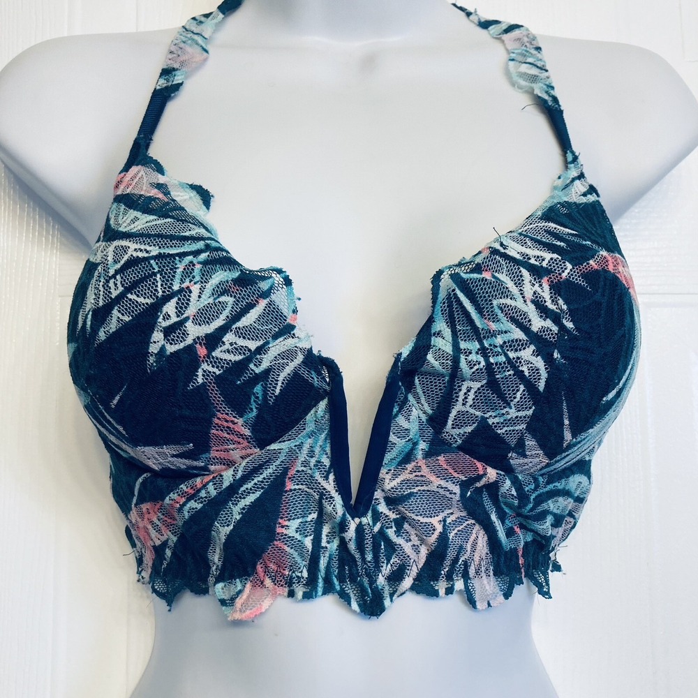 Victoria's Secret PINK Bralette Small Teal Pink Tropical Lace Longline‎ Date Bra